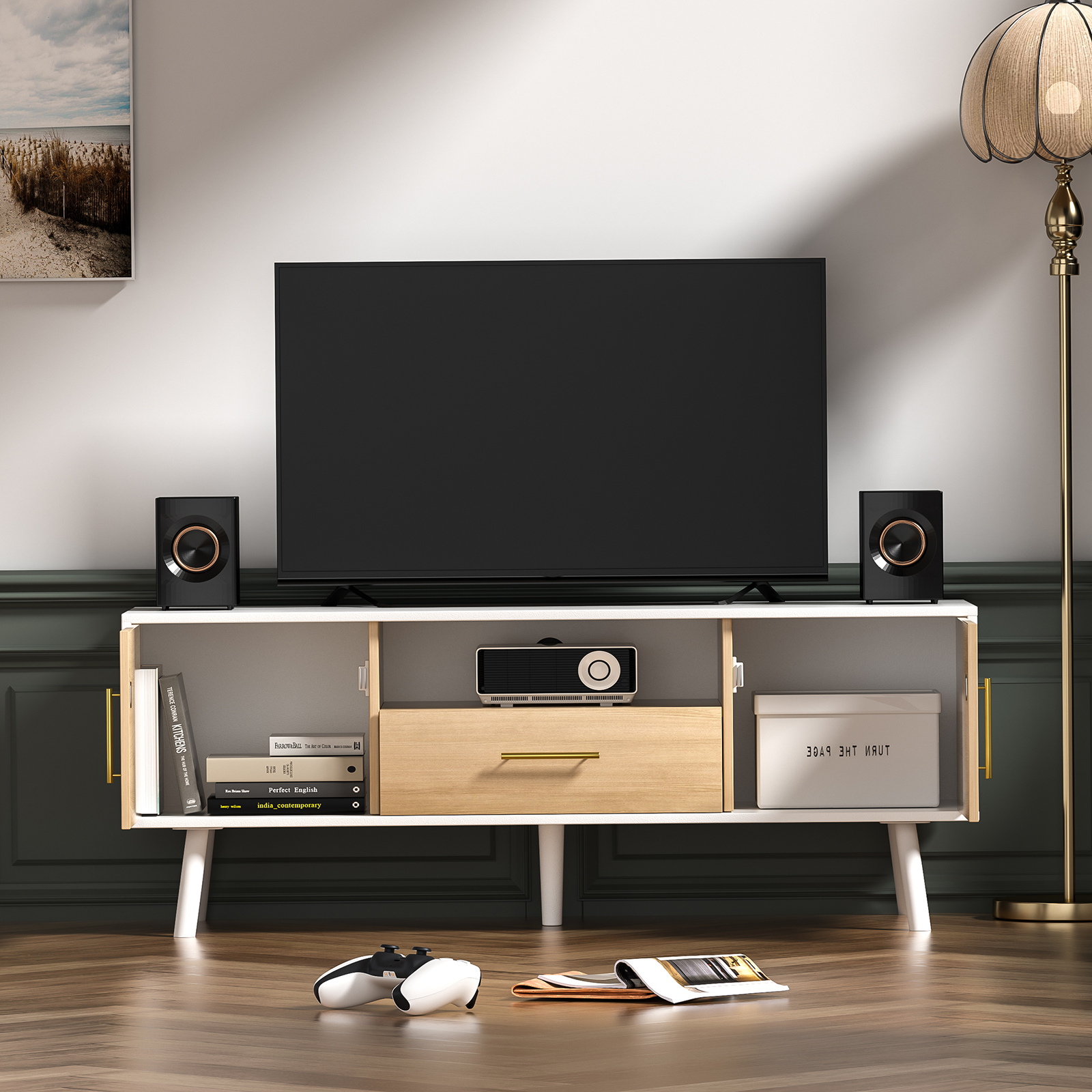 Anmytek Modern TV Stand for TVs up to 55 inch, Entertainment Center with Storage Cabinet and Drawer, TV Stand for Living Room TV Table Stand in White and Oak Finish
