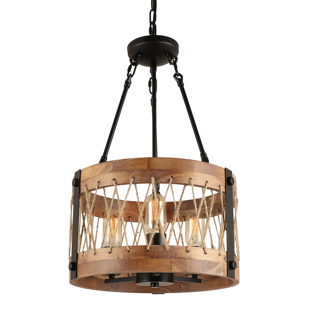 Anmytek Christmas Round Wooden Chandelier Over Dinning Table Farmhouse Drum Shape Robe Chandelier Light Fixture for Kitchen Island(3 Lights (No Need Glass Shade))