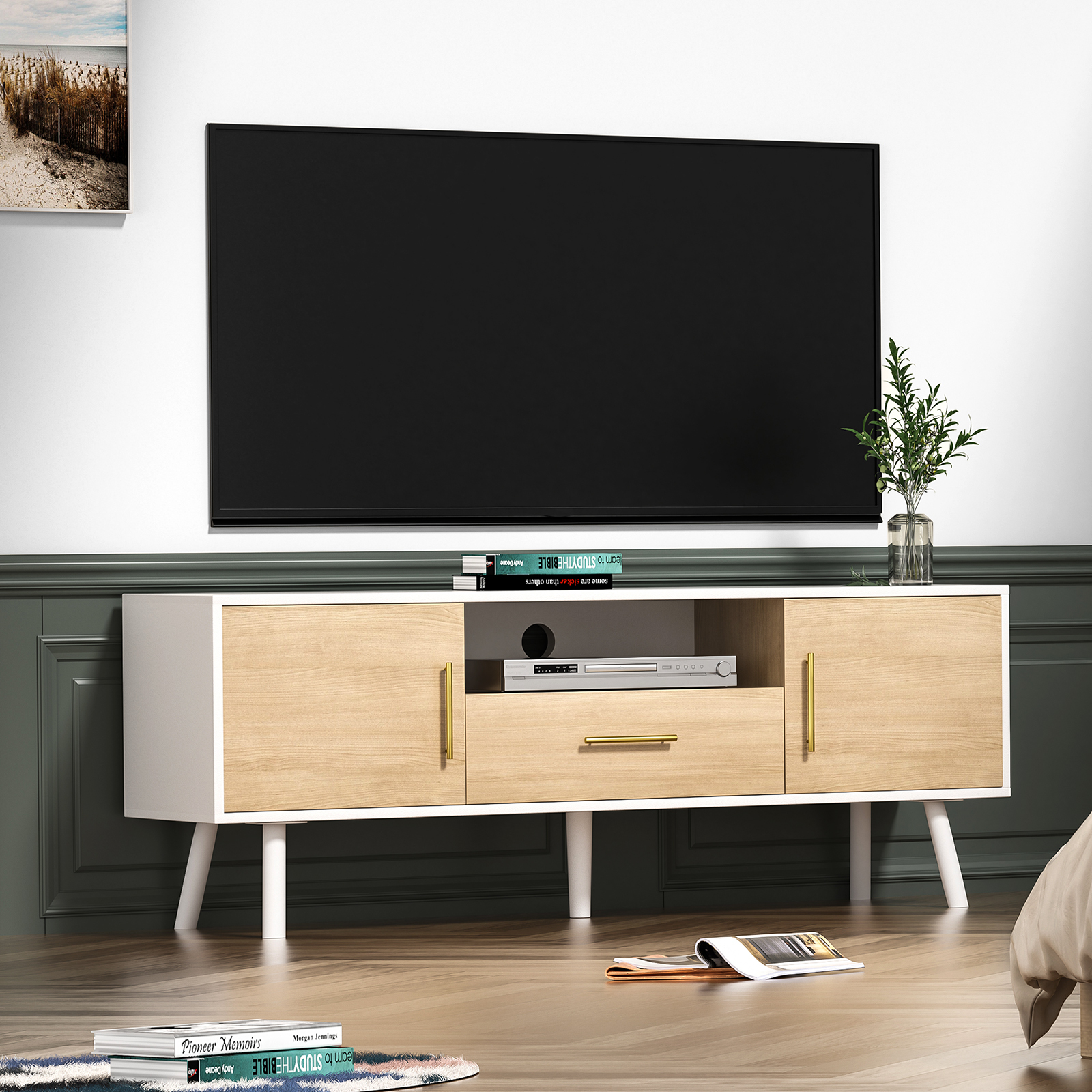 Anmytek Modern TV Stand for TVs up to 55 inch, Entertainment Center with Storage Cabinet and Drawer, TV Stand for Living Room TV Table Stand in White and Oak Finish
