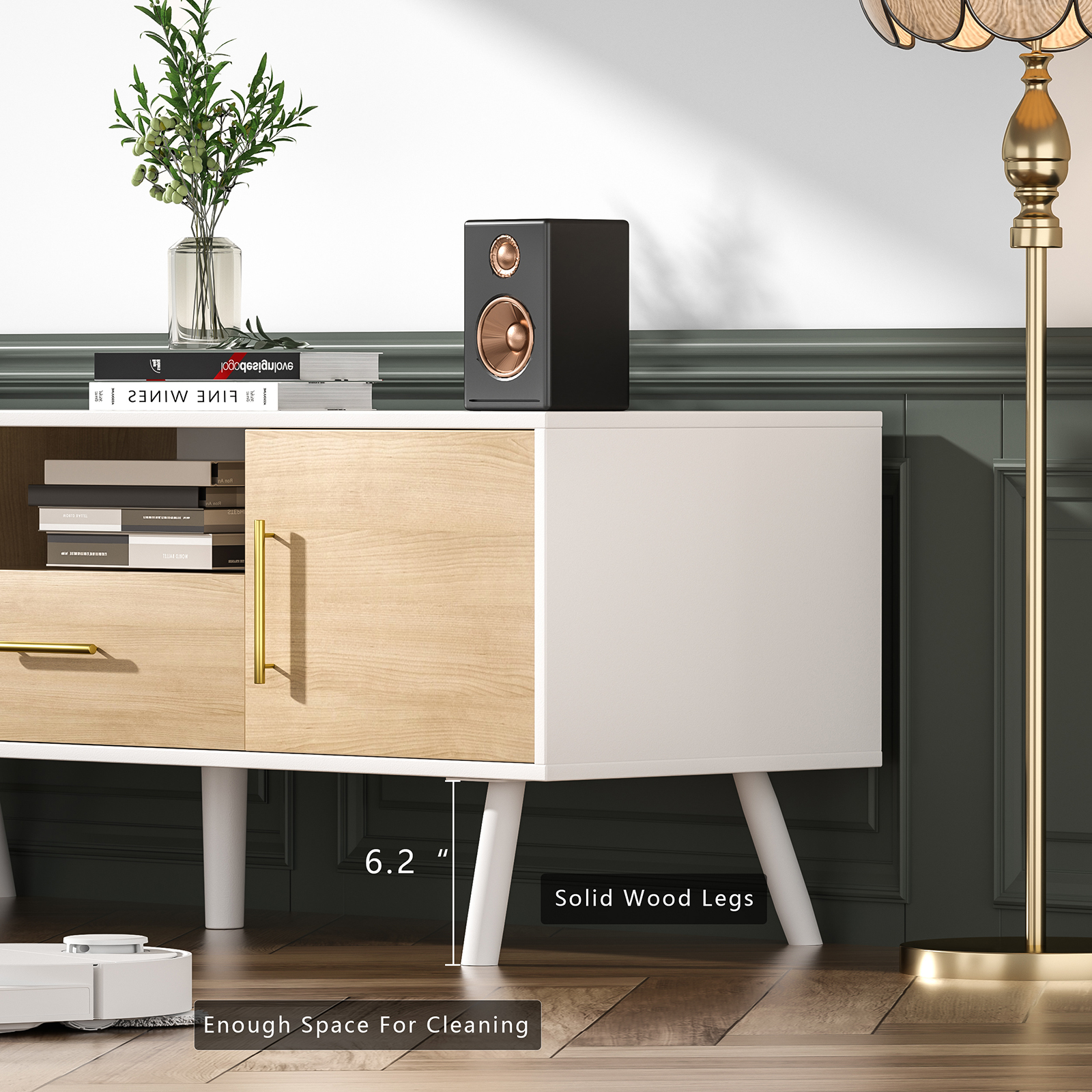 Anmytek Modern TV Stand for TVs up to 55 inch, Entertainment Center with Storage Cabinet and Drawer, TV Stand for Living Room TV Table Stand in White and Oak Finish