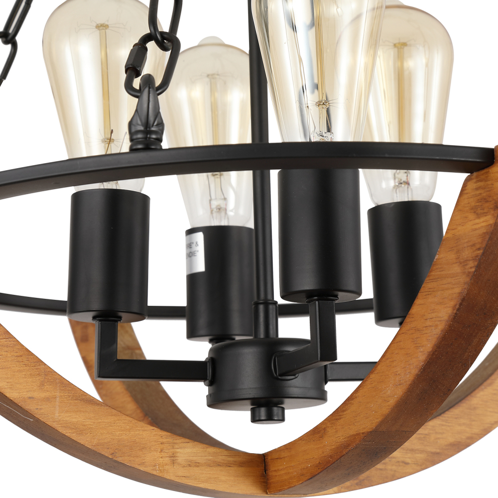 Anmytek Christmas Farmhouse Rustic Chandelier, 4-Light Cone Shaped Pendant Lighting Fixture with Half Orb Wood Chandelier for Kitchen Island Dining Room Foyer