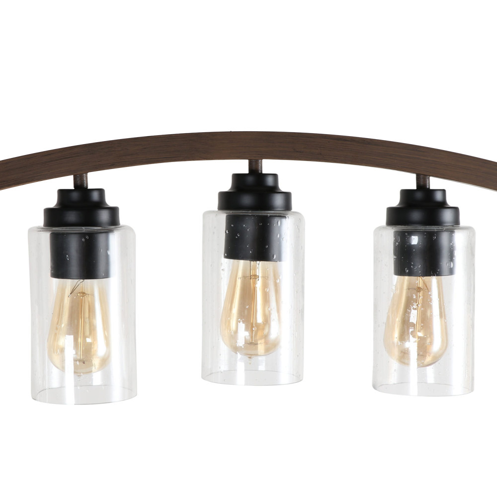 Anmytek Industrial Pendant Light with Seeded Glass Lamp Shade, 5-Light Rustic Farmhouse Metal Chandelier with Faux Wood Finish for Kitchen Island Dining Room
