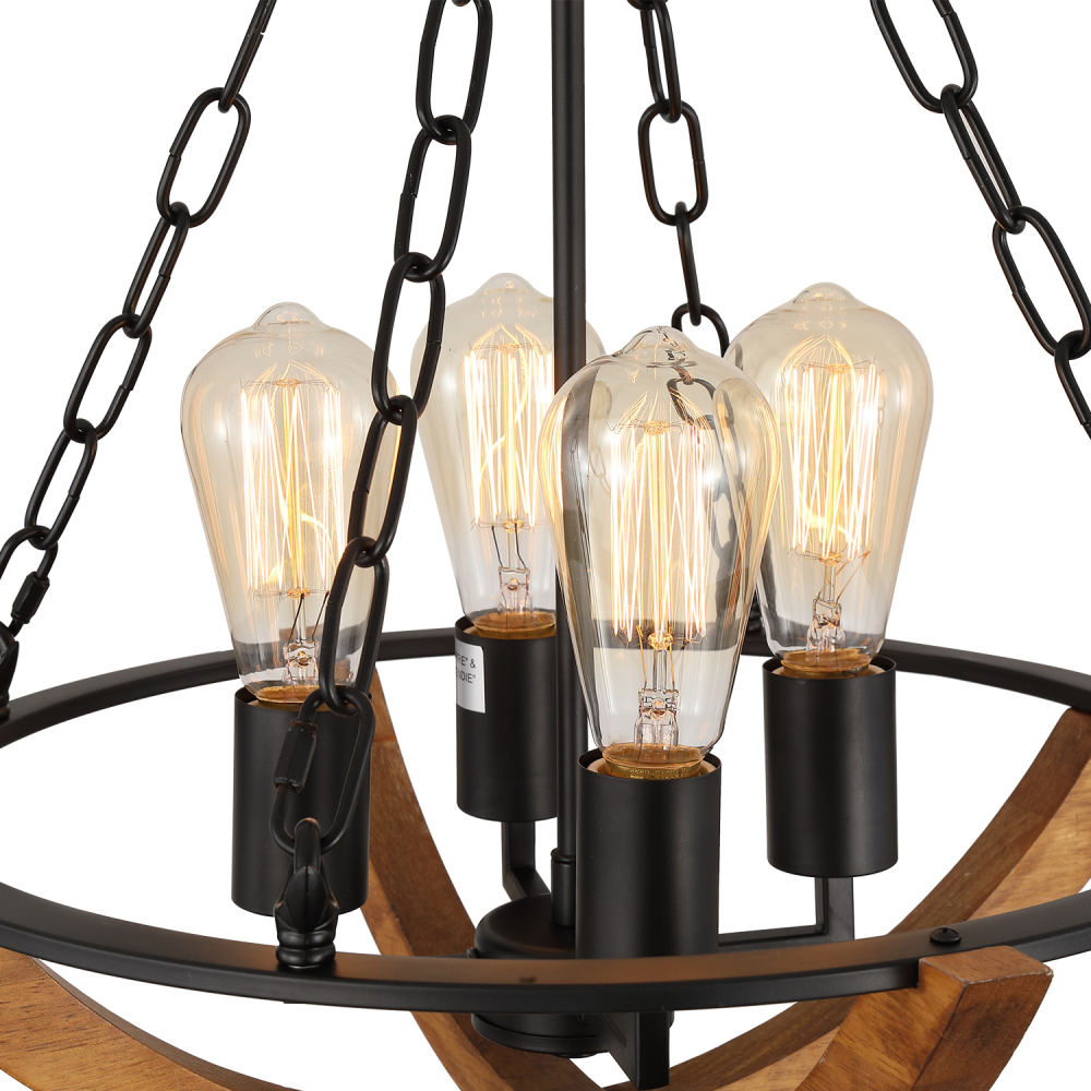 Anmytek Christmas Farmhouse Rustic Chandelier, 4-Light Cone Shaped Pendant Lighting Fixture with Half Orb Wood Chandelier for Kitchen Island Dining Room Foyer