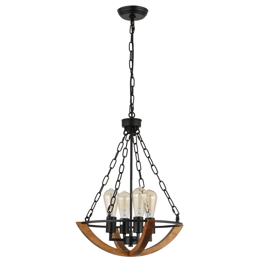 Anmytek Christmas Farmhouse Rustic Chandelier, 4-Light Cone Shaped Pendant Lighting Fixture with Half Orb Wood Chandelier for Kitchen Island Dining Room Foyer