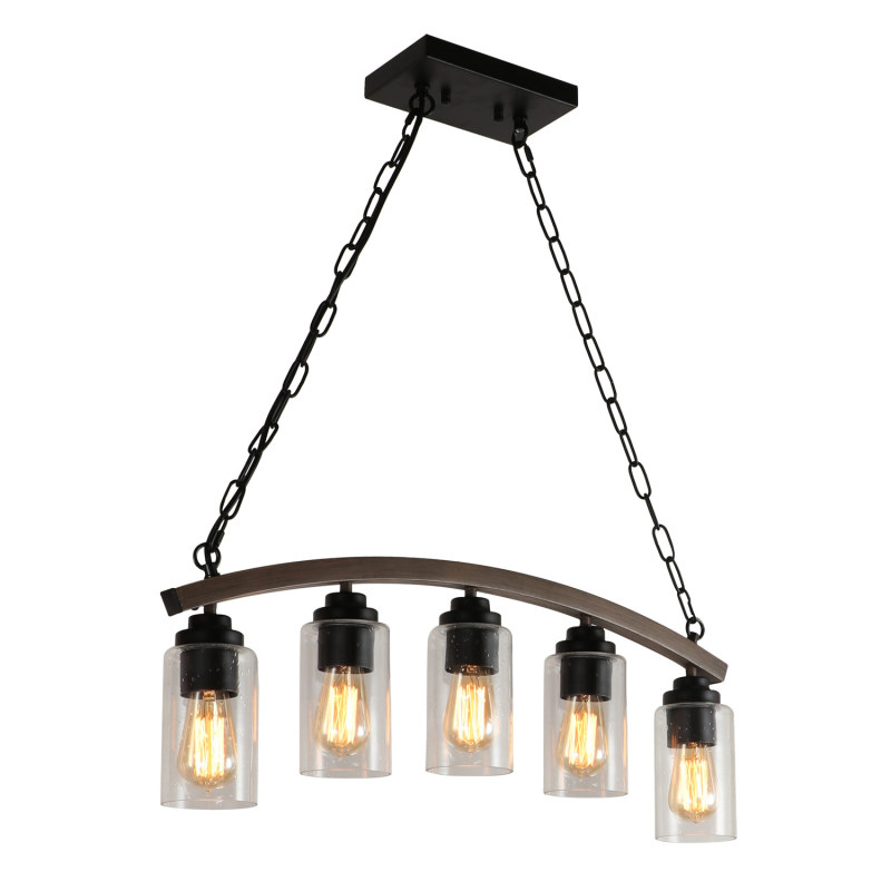 Anmytek Industrial Pendant Light with Seeded Glass Lamp Shade, 5-Light Rustic Farmhouse Metal Chandelier with Faux Wood Finish for Kitchen Island Dining Room