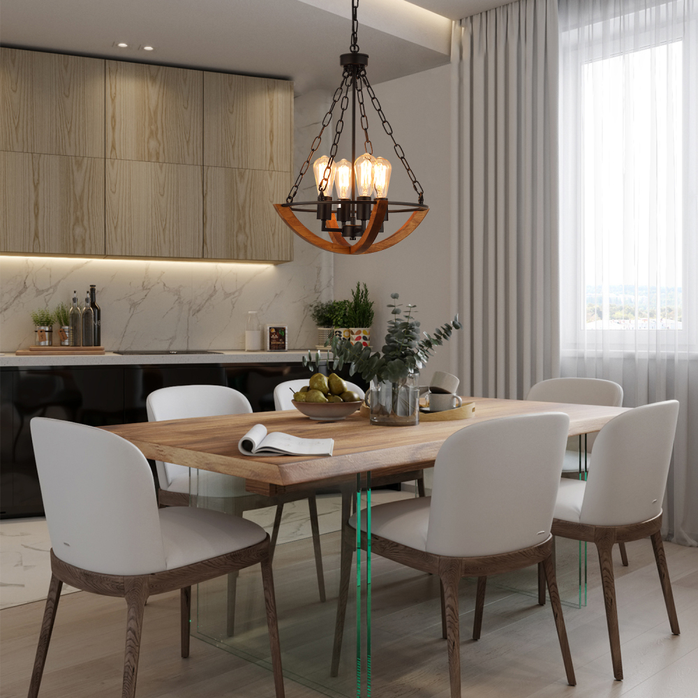 Anmytek Christmas Farmhouse Rustic Chandelier, 4-Light Cone Shaped Pendant Lighting Fixture with Half Orb Wood Chandelier for Kitchen Island Dining Room Foyer