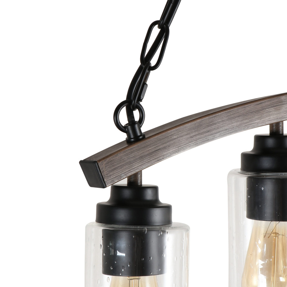 Anmytek Industrial Pendant Light with Seeded Glass Lamp Shade, 5-Light Rustic Farmhouse Metal Chandelier with Faux Wood Finish for Kitchen Island Dining Room