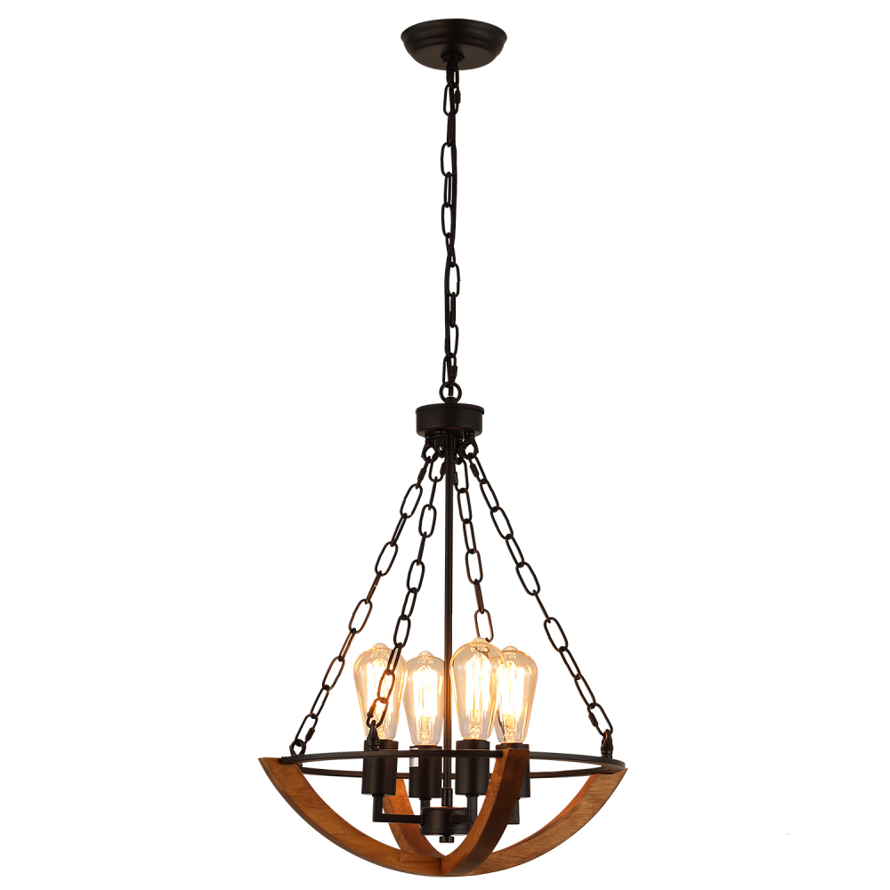 Anmytek Christmas Farmhouse Rustic Chandelier, 4-Light Cone Shaped Pendant Lighting Fixture with Half Orb Wood Chandelier for Kitchen Island Dining Room Foyer
