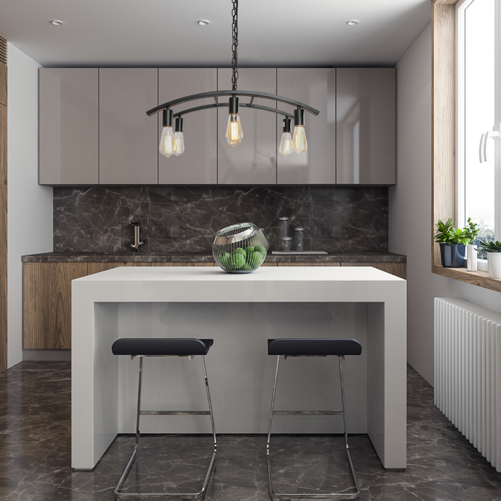 Anmytek Modern Industrial Linear Pendant Lighting Fixture, 6-Light Farmhouse Matte Black Hanging Lamp for Kitchen Island Diding Room