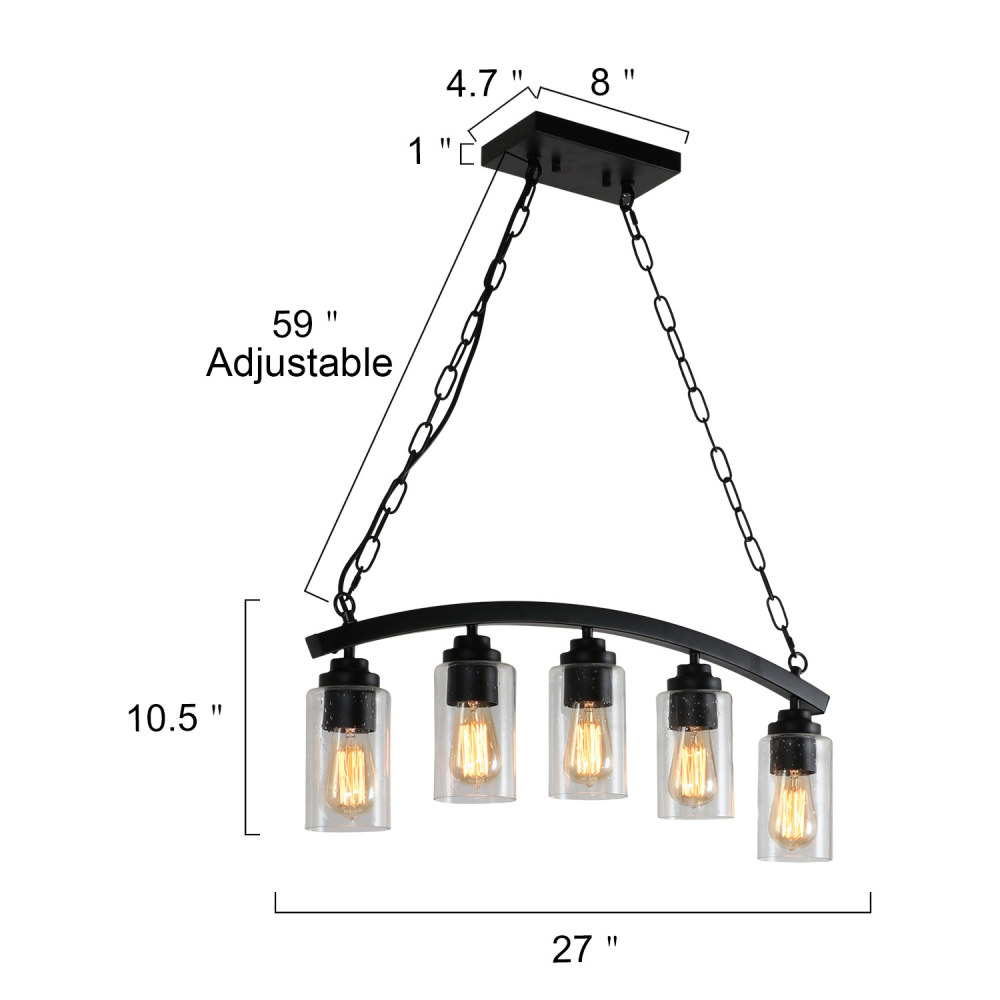 Anmytek Black Metal Pendant Light with Seeded Glass Lamp Shade, 5-Light Rustic Framhouse Chandelier for Kitchen Island Dining Room