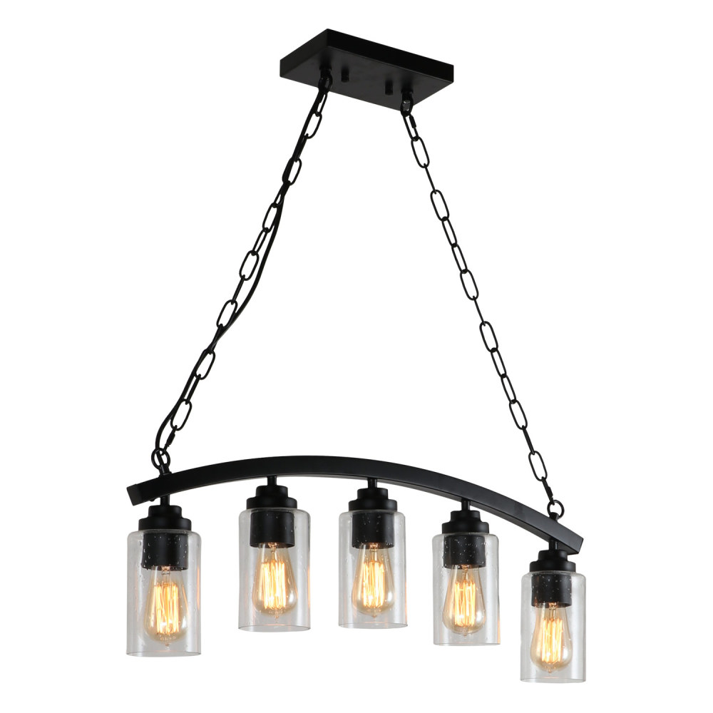Anmytek Black Metal Pendant Light with Seeded Glass Lamp Shade, 5-Light Rustic Framhouse Chandelier for Kitchen Island Dining Room