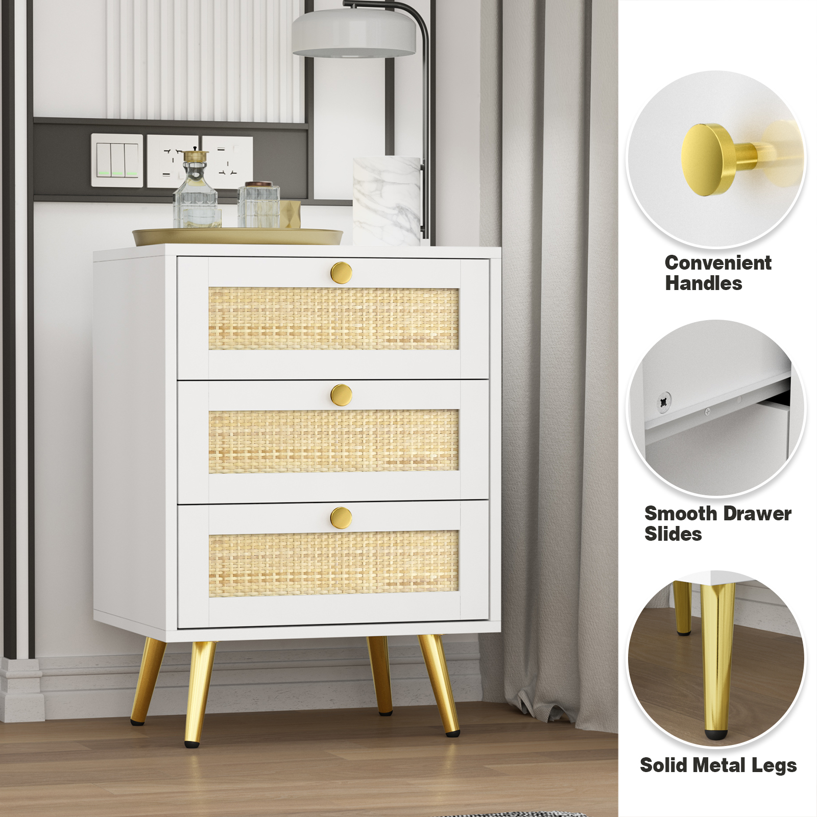 Anmytek Nightstand 26" H Dresser with 3 Drawers Bedside Table
