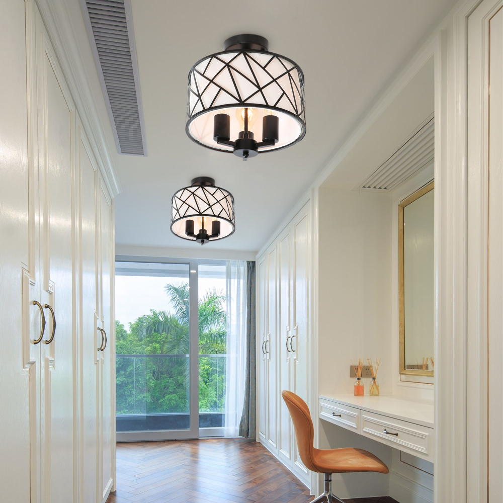 Anmytek Christmas Drum Semi-Flush Mount Ceiling Light Fixture Black Modern Farmhouse Lamp Shade Contemporary Linen Fabric Lighting for Hallway Living Room