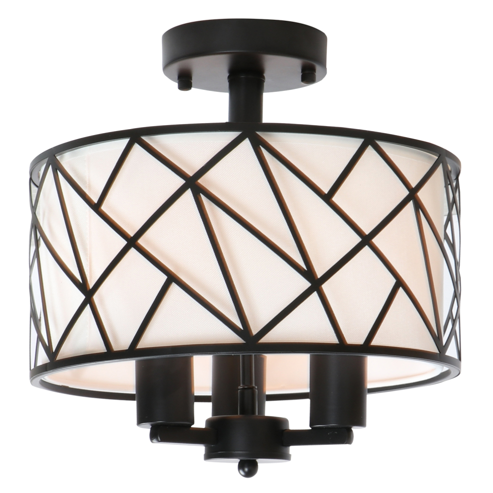 Anmytek Christmas Drum Semi-Flush Mount Ceiling Light Fixture Black Modern Farmhouse Lamp Shade Contemporary Linen Fabric Lighting for Hallway Living Room