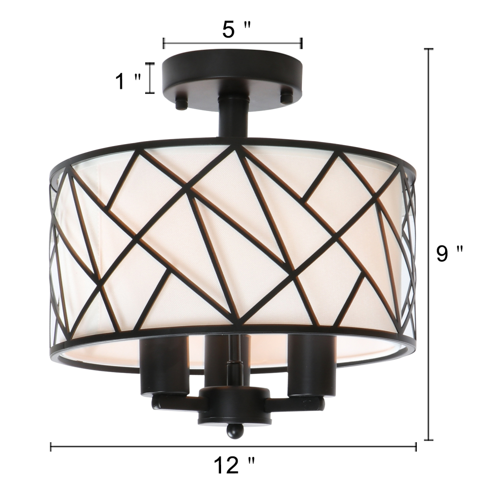 Anmytek Christmas Drum Semi-Flush Mount Ceiling Light Fixture Black Modern Farmhouse Lamp Shade Contemporary Linen Fabric Lighting for Hallway Living Room