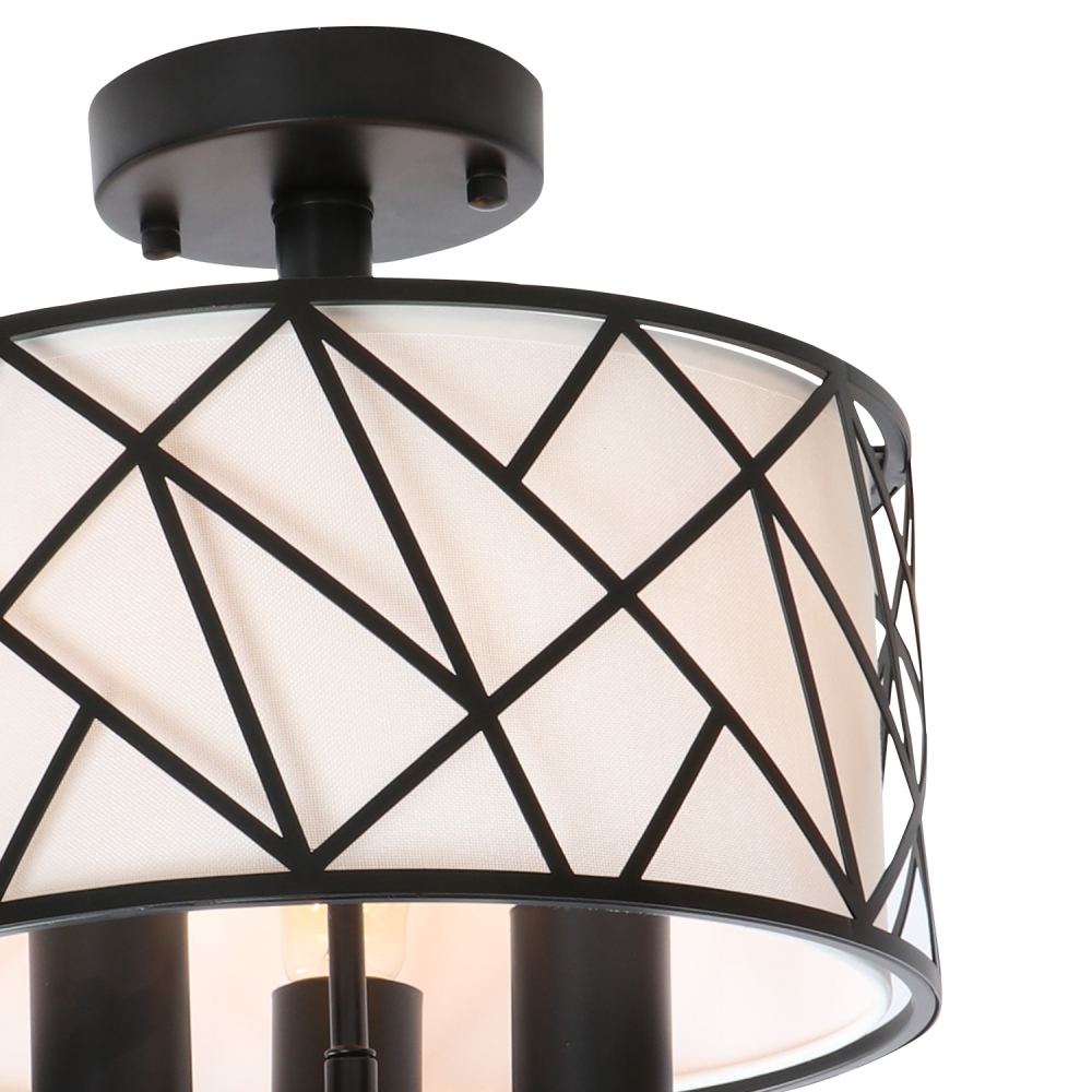 Anmytek Christmas Drum Semi-Flush Mount Ceiling Light Fixture Black Modern Farmhouse Lamp Shade Contemporary Linen Fabric Lighting for Hallway Living Room