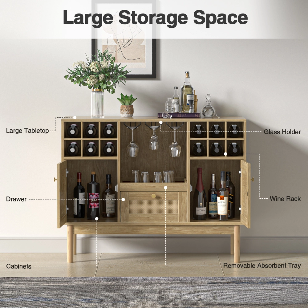 Anmytek Rattan Wine Bar Cabinet, Wood Liquor Cabinet with Wine