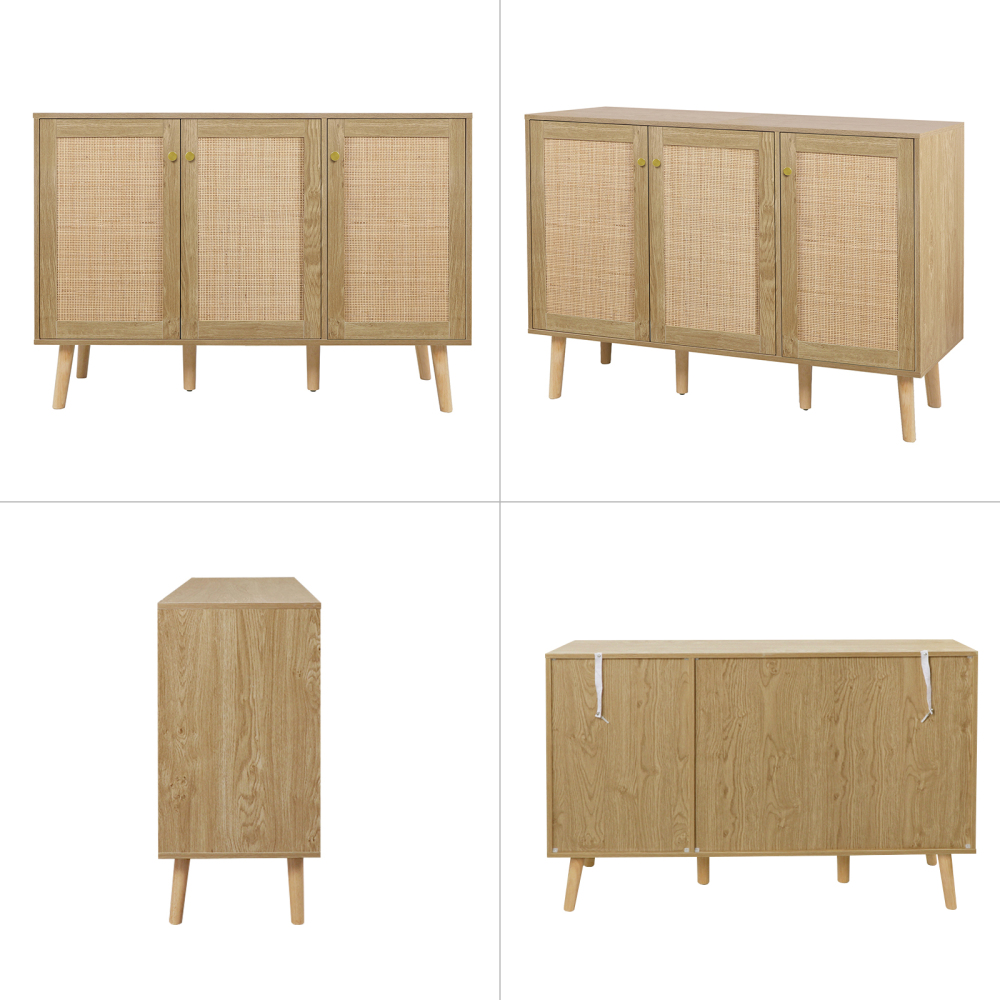 Anmytek Farmhouse Buffet Cabinet, Sideboard Cabinet with 3 Rattan Doors, Kitchen Boho Accent Cabinets Storage, Bar Cabinets for Home, Living Room