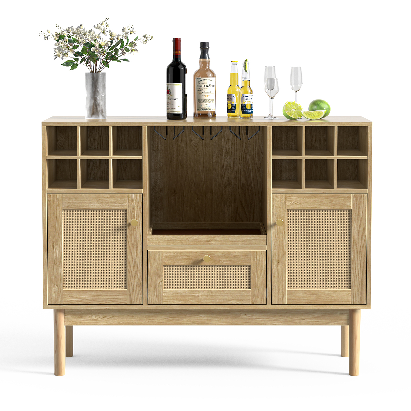 Anmytek Rattan Wine Bar Cabinet, Wood Liquor Cabinet with Wine Rack, Kitchen Sideboard Buffet Wine Cabinet with Drawer, Farmhouse Coffee Bar Cabinet for Home Living Room Dining Room, Rustic Oak