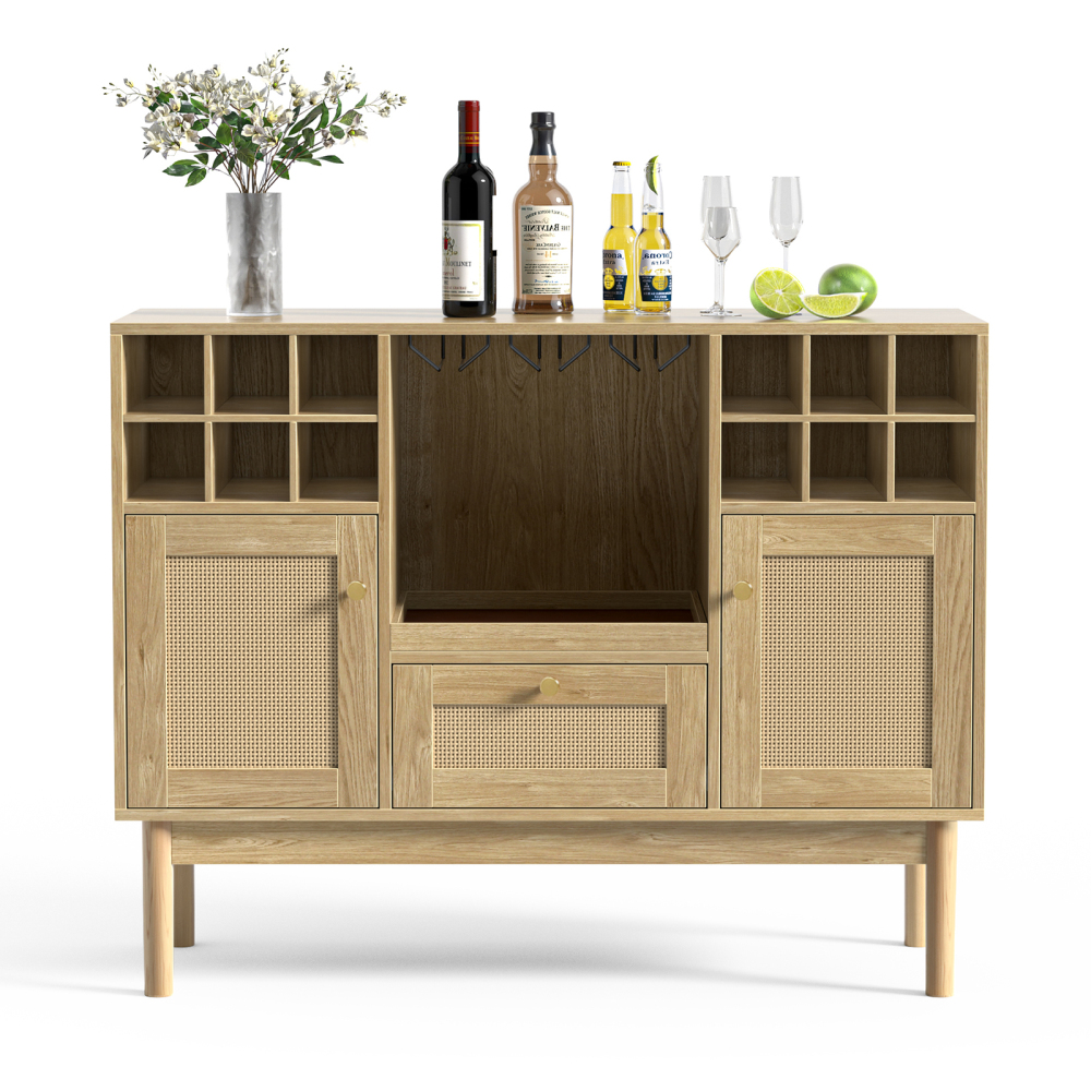 Anmytek Rattan Wine Bar Cabinet, Wood Liquor Cabinet with Wine Rack, Kitchen Sideboard Buffet Wine Cabinet with Drawer, Farmhouse Coffee Bar Cabinet for Home Living Room Dining Room, Rustic Oak