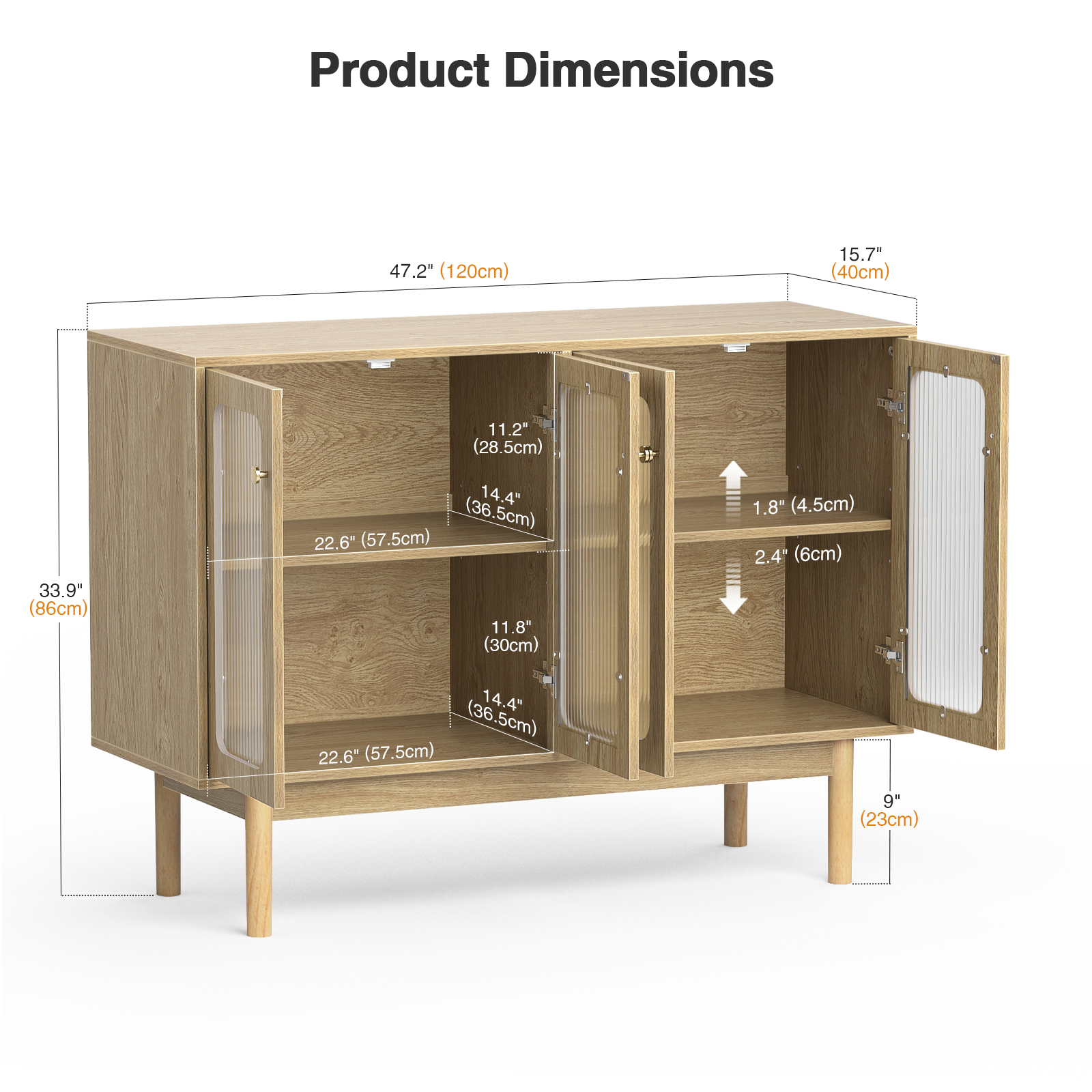 Anmytek 4 Door Buffet Cabinet with Storage, Modern Wood Sideboard Cabinet with Glass Door and Adjustable Shelves, Large Credenza Buffet Table Kitchen Bar Cabinet Natural