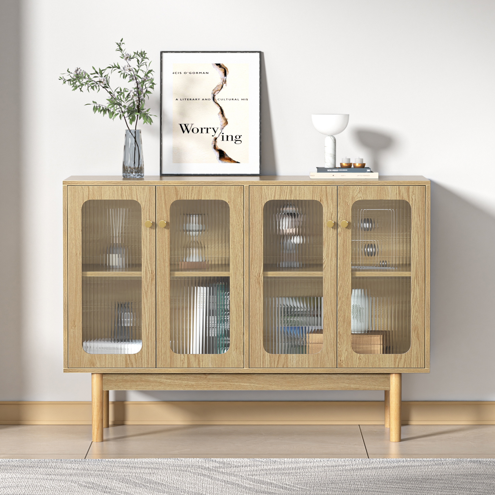 Anmytek 4 Door Buffet Cabinet with Storage, Modern Wood Sideboard Cabinet with Glass Door and Adjustable Shelves, Large Credenza Buffet Table Kitchen Bar Cabinet Natural