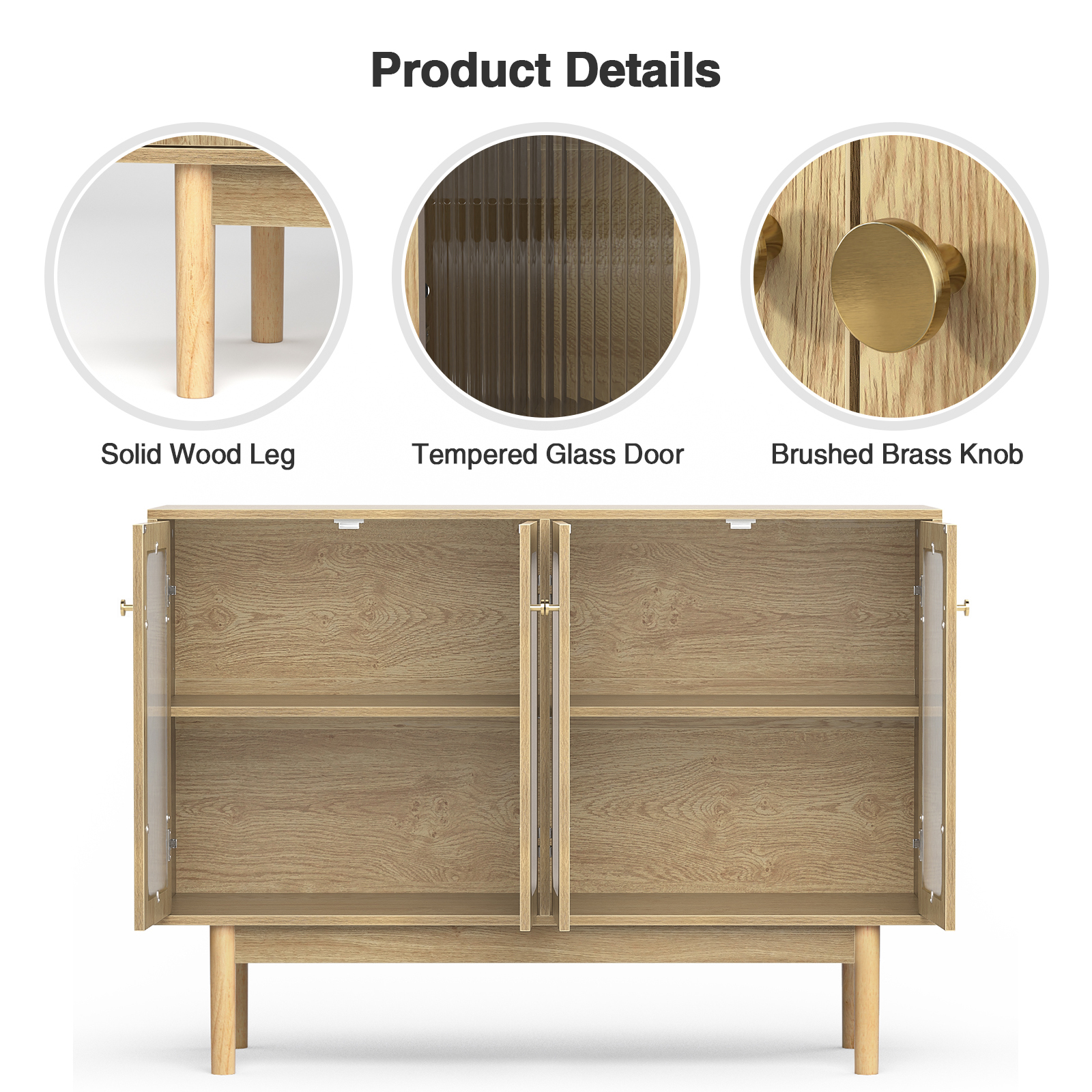Anmytek 4 Door Buffet Cabinet with Storage, Modern Wood Sideboard Cabinet with Glass Door and Adjustable Shelves, Large Credenza Buffet Table Kitchen Bar Cabinet Natural