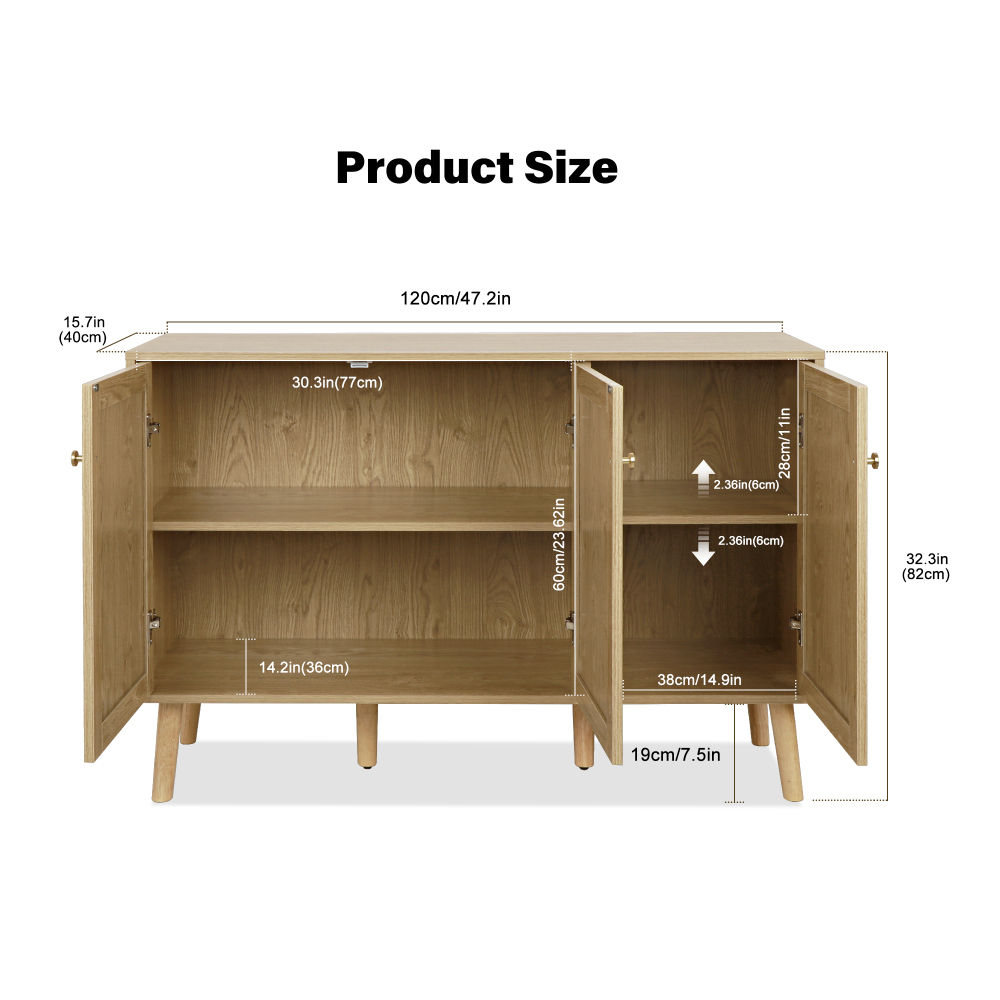 Anmytek Farmhouse Buffet Cabinet, Sideboard Cabinet with 3 Rattan Doors, Kitchen Boho Accent Cabinets Storage, Bar Cabinets for Home, Living Room