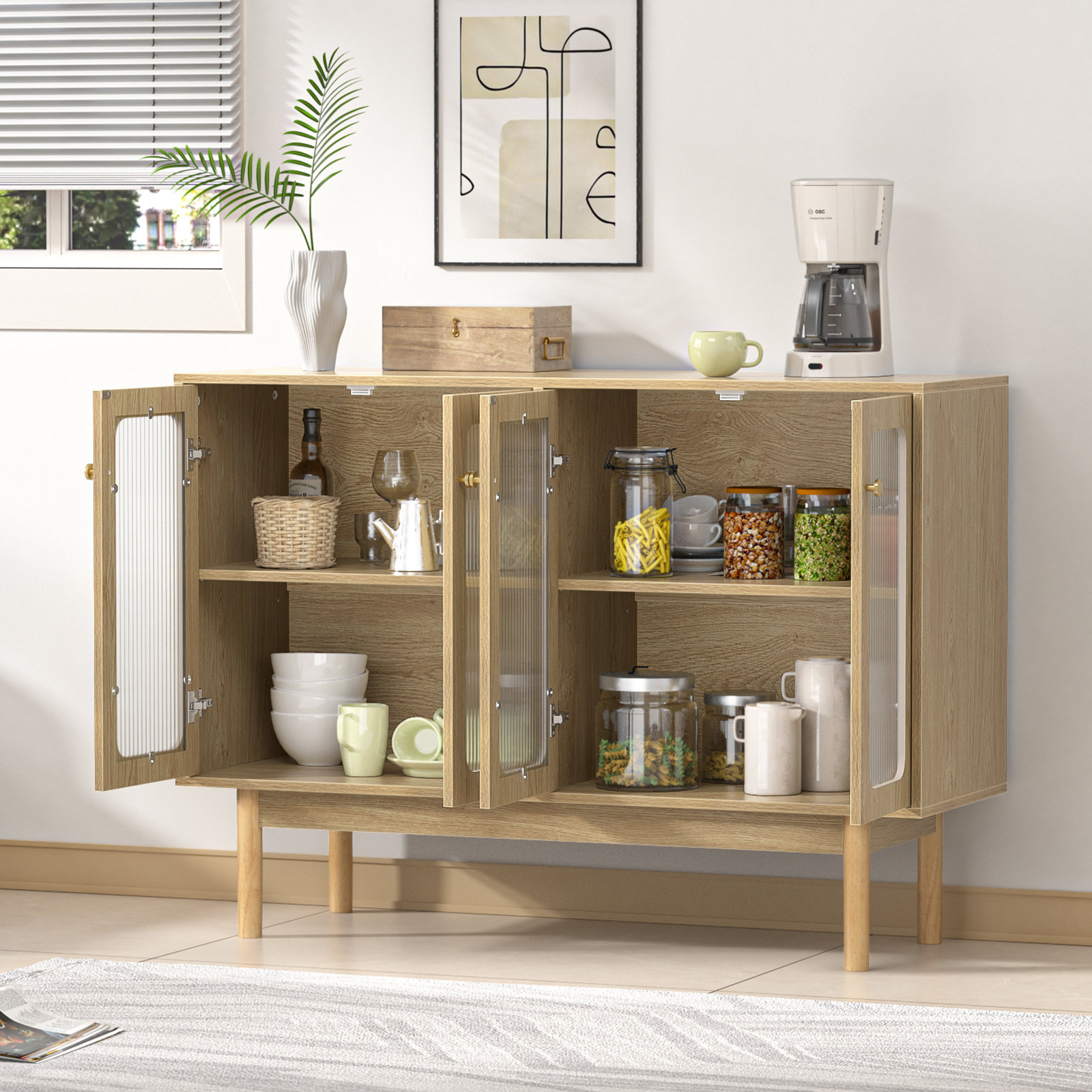 Anmytek 4 Door Buffet Cabinet with Storage, Modern Wood Sideboard Cabinet with Glass Door and Adjustable Shelves, Large Credenza Buffet Table Kitchen Bar Cabinet Natural