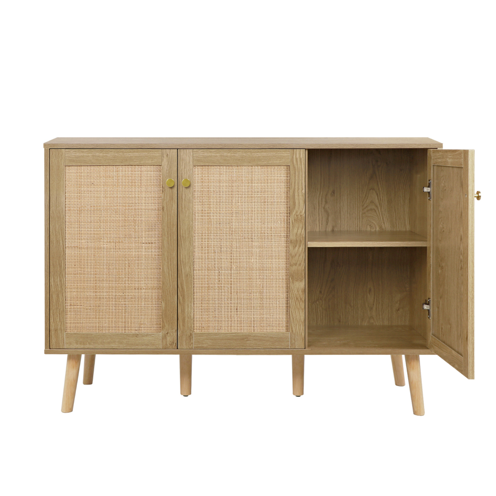 Anmytek Farmhouse Buffet Cabinet, Sideboard Cabinet with 3 Rattan Doors, Kitchen Boho Accent Cabinets Storage, Bar Cabinets for Home, Living Room