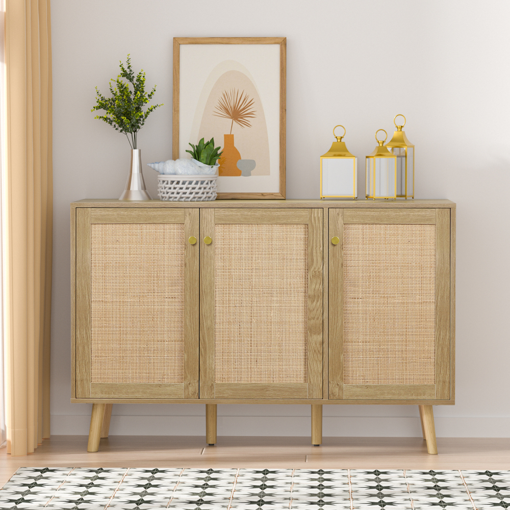 Anmytek Farmhouse Buffet Cabinet, Sideboard Cabinet with 3 Rattan Doors, Kitchen Boho Accent Cabinets Storage, Bar Cabinets for Home, Living Room