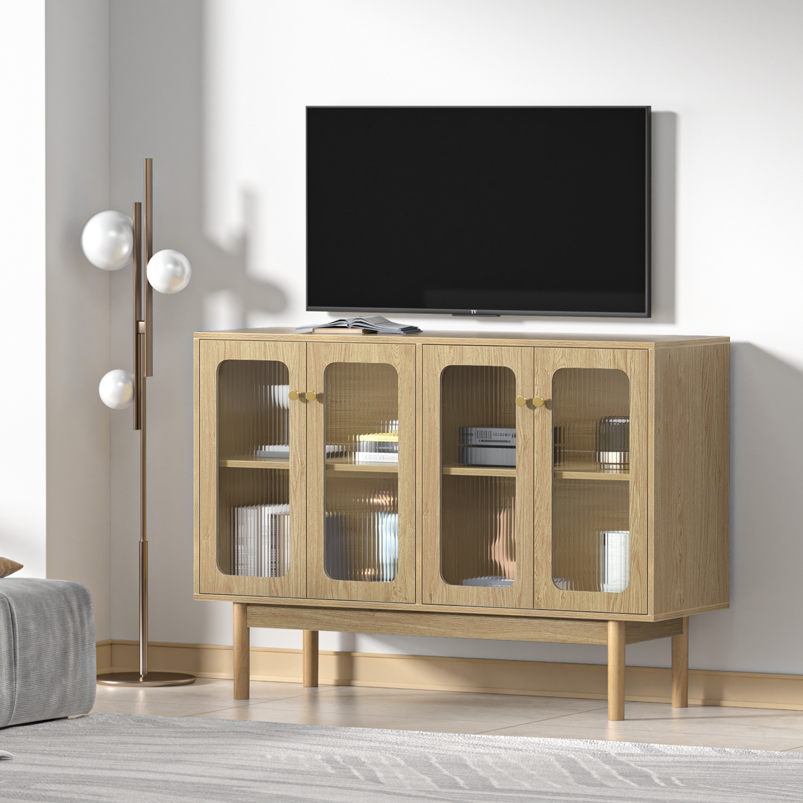 Anmytek 4 Door Buffet Cabinet with Storage, Modern Wood Sideboard Cabinet with Glass Door and Adjustable Shelves, Large Credenza Buffet Table Kitchen Bar Cabinet Natural