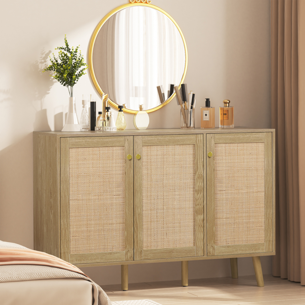 Anmytek Farmhouse Buffet Cabinet, Sideboard Cabinet with 3 Rattan Doors, Kitchen Boho Accent Cabinets Storage, Bar Cabinets for Home, Living Room