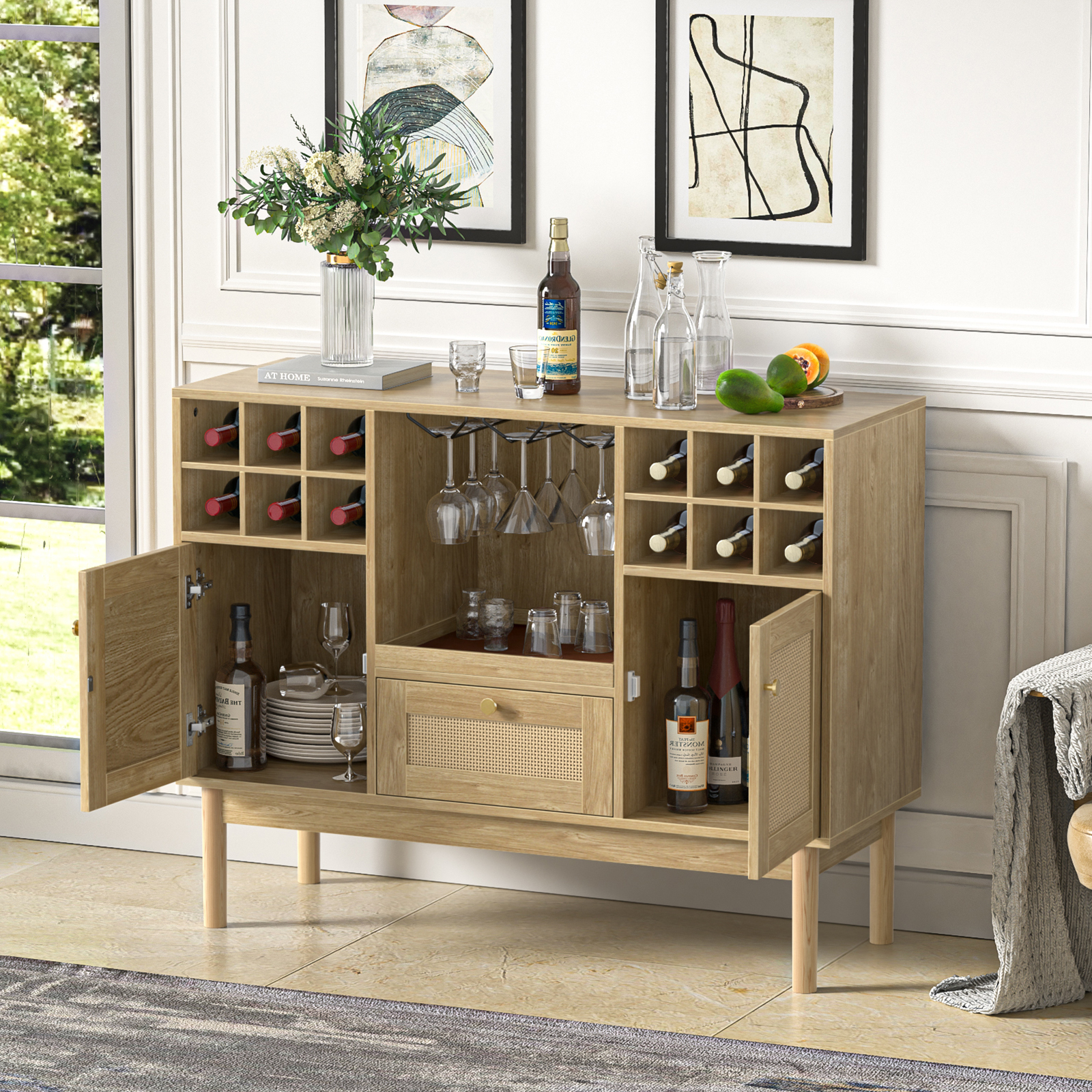 Anmytek Rattan Wine Bar Cabinet, Wood Liquor Cabinet with Wine Rack, Kitchen Sideboard Buffet Wine Cabinet with Drawer, Farmhouse Coffee Bar Cabinet for Home Living Room Dining Room, Rustic Oak