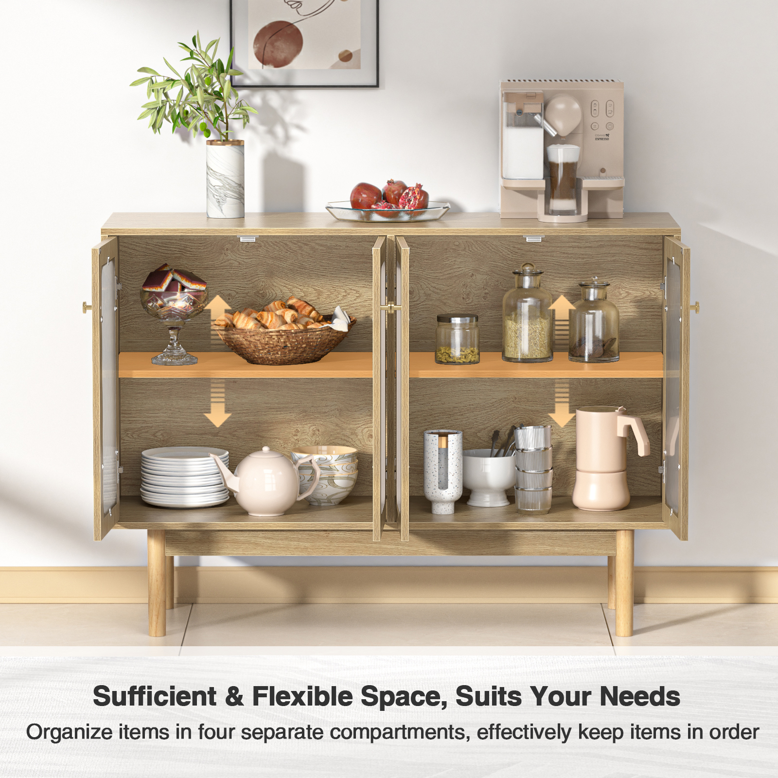 Anmytek 4 Door Buffet Cabinet with Storage, Modern Wood Sideboard Cabinet with Glass Door and Adjustable Shelves, Large Credenza Buffet Table Kitchen Bar Cabinet Natural