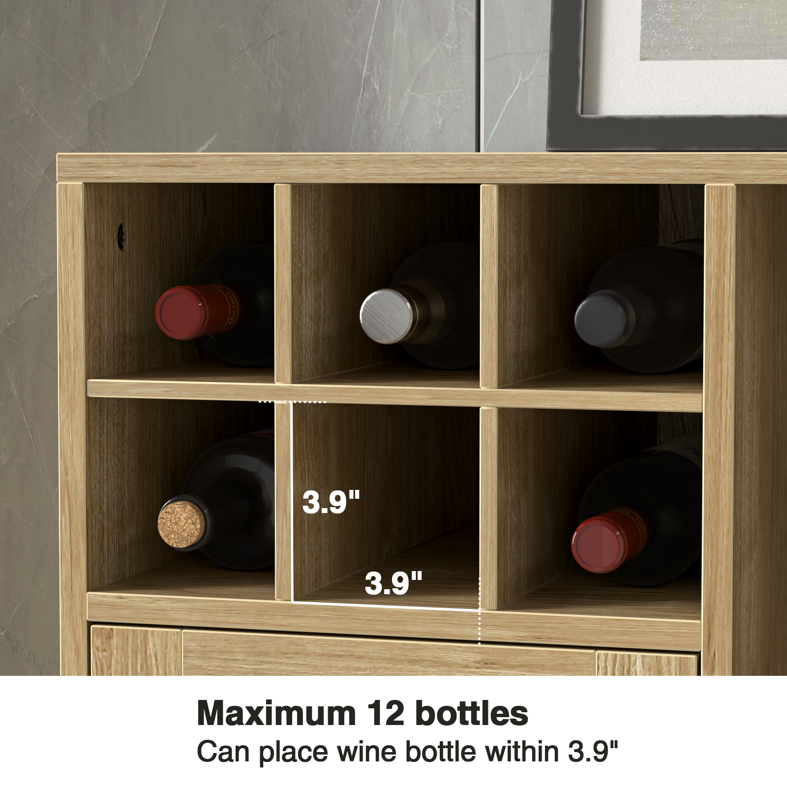 Anmytek Rattan Wine Bar Cabinet, Wood Liquor Cabinet with Wine Rack, Kitchen Sideboard Buffet Wine Cabinet with Drawer, Farmhouse Coffee Bar Cabinet for Home Living Room Dining Room, Rustic Oak