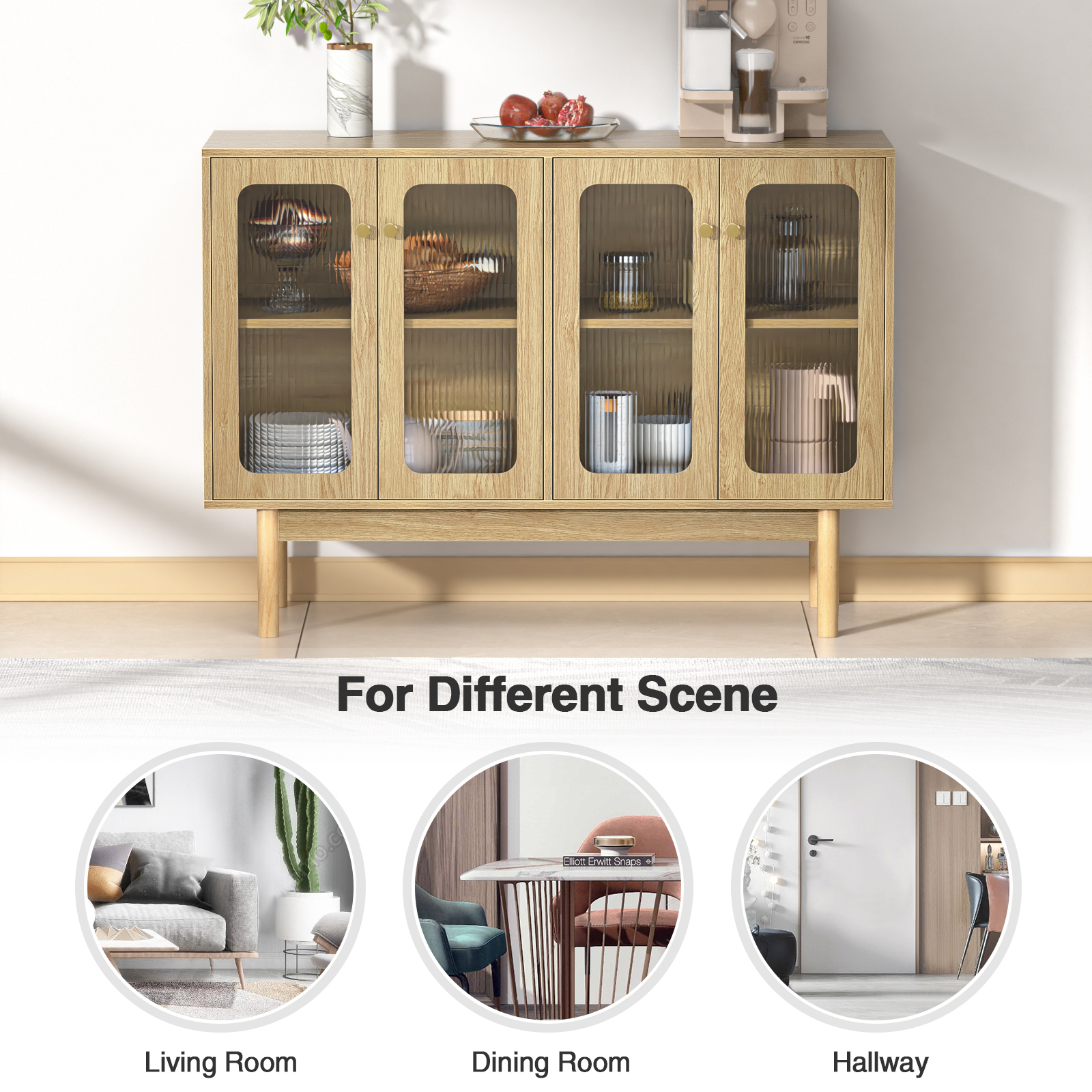 Anmytek 4 Door Buffet Cabinet with Storage, Modern Wood Sideboard Cabinet with Glass Door and Adjustable Shelves, Large Credenza Buffet Table Kitchen Bar Cabinet Natural