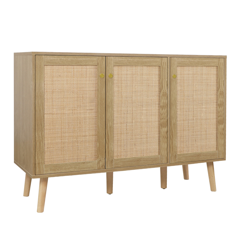 Anmytek Farmhouse Buffet Cabinet, Sideboard Cabinet with 3 Rattan Doors, Kitchen Boho Accent Cabinets Storage, Bar Cabinets for Home, Living Room