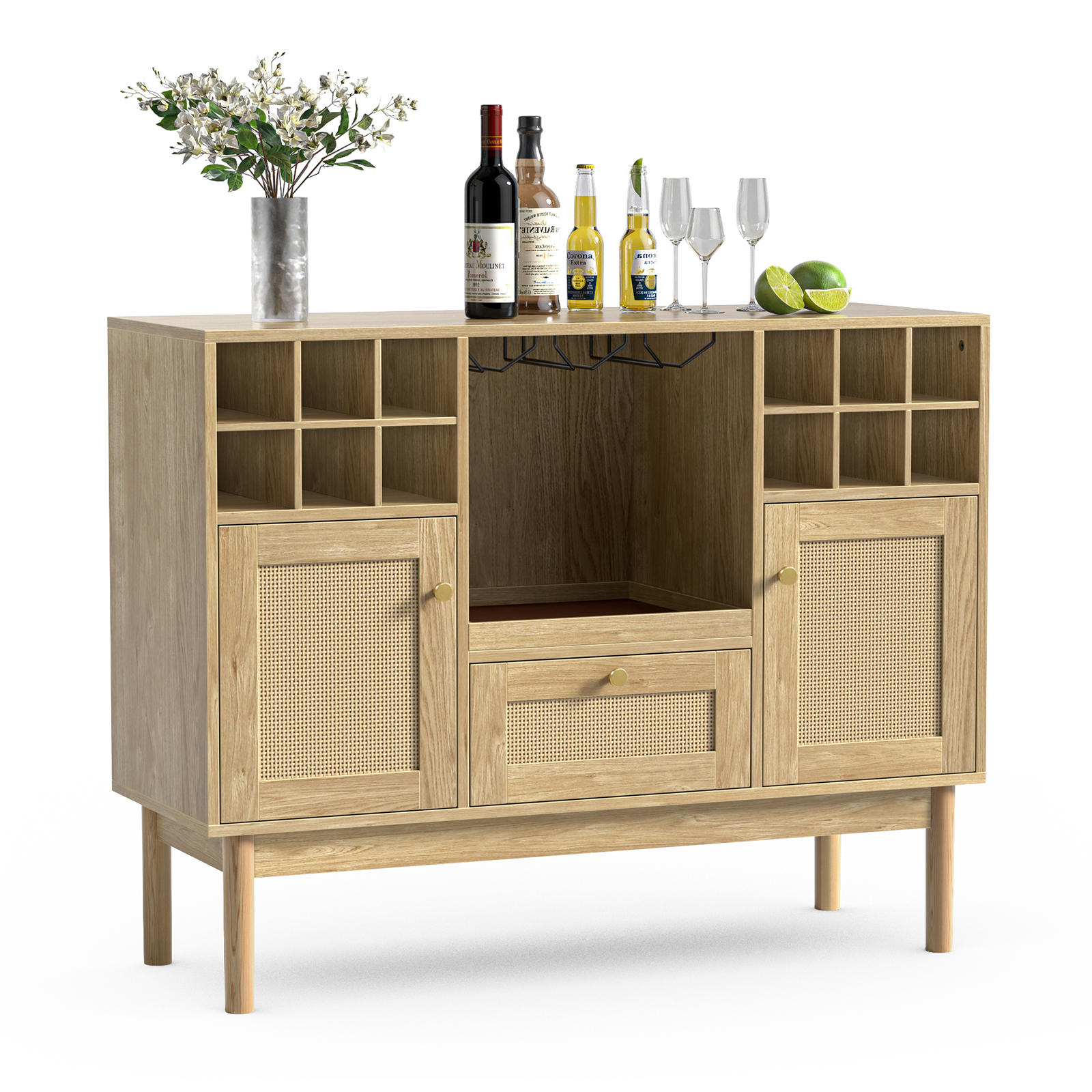 Anmytek Rattan Wine Bar Cabinet, Wood Liquor Cabinet with Wine Rack, Kitchen Sideboard Buffet Wine Cabinet with Drawer, Farmhouse Coffee Bar Cabinet for Home Living Room Dining Room, Rustic Oak