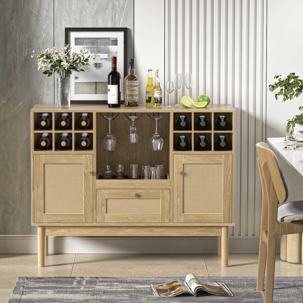 Anmytek Rattan Wine Bar Cabinet, Wood Liquor Cabinet with Wine