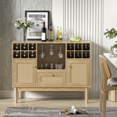 Anmytek Rattan Wine Bar Cabinet, Wood Liquor Cabinet with Wine Rack
