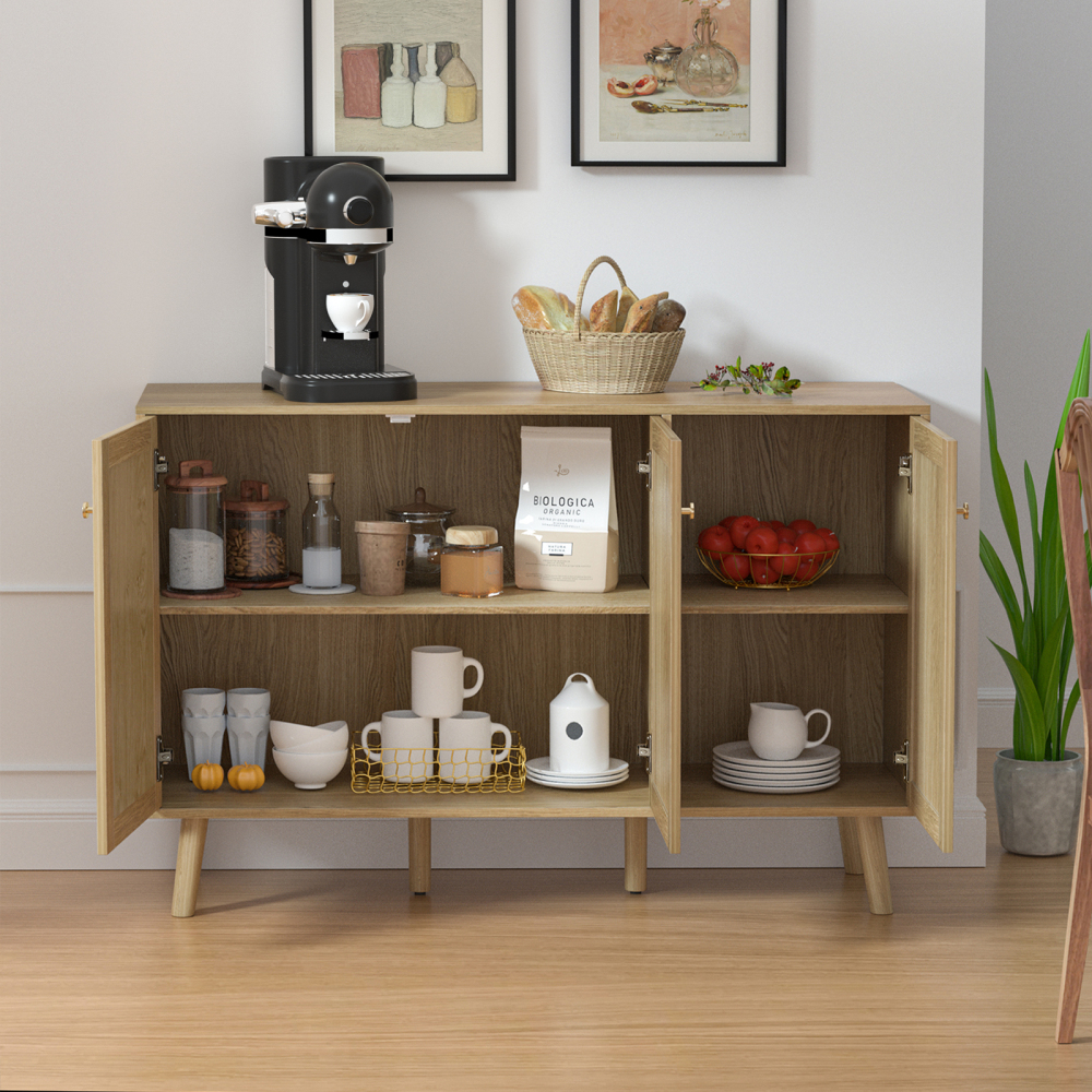 Anmytek Farmhouse Buffet Cabinet, Sideboard Cabinet with 3 Rattan Doors, Kitchen Boho Accent Cabinets Storage, Bar Cabinets for Home, Living Room