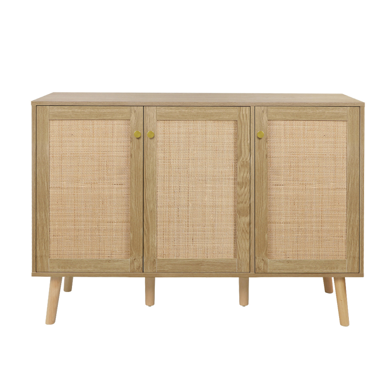 Anmytek Farmhouse Buffet Cabinet, Sideboard Cabinet with 3 Rattan Doors, Kitchen Boho Accent Cabinets Storage, Bar Cabinets for Home, Living Room