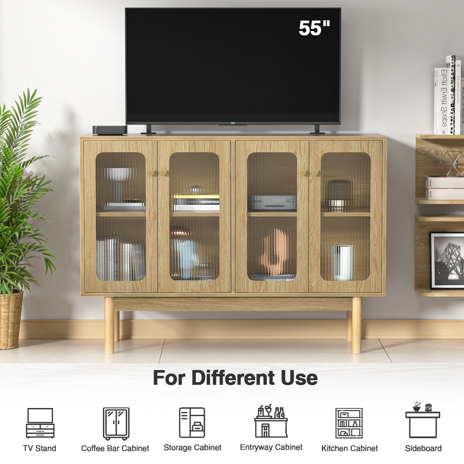 Anmytek 4 Door Buffet Cabinet with Storage, Modern Wood Sideboard Cabinet with Glass Door and Adjustable Shelves, Large Credenza Buffet Table Kitchen Bar Cabinet Natural