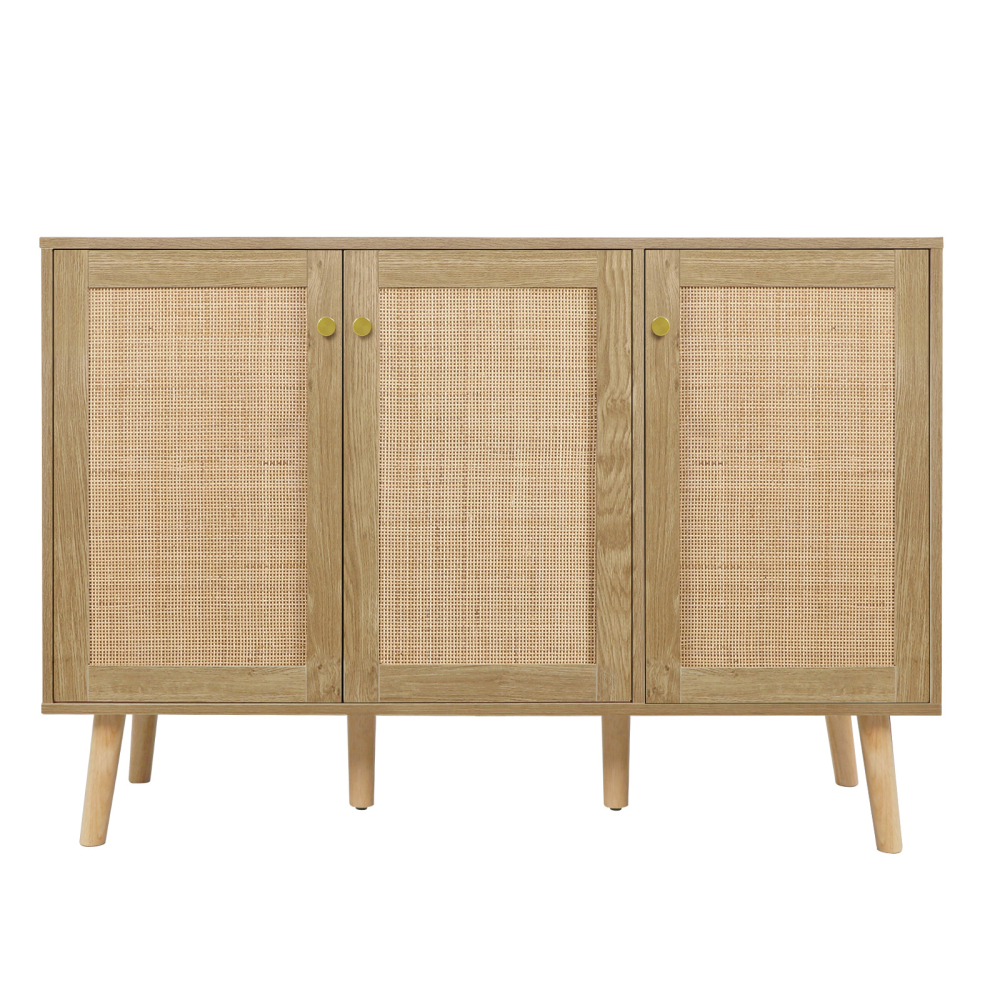 Anmytek Farmhouse Buffet Cabinet, Sideboard Cabinet with 3 Rattan Doors, Kitchen Boho Accent Cabinets Storage, Bar Cabinets for Home, Living Room