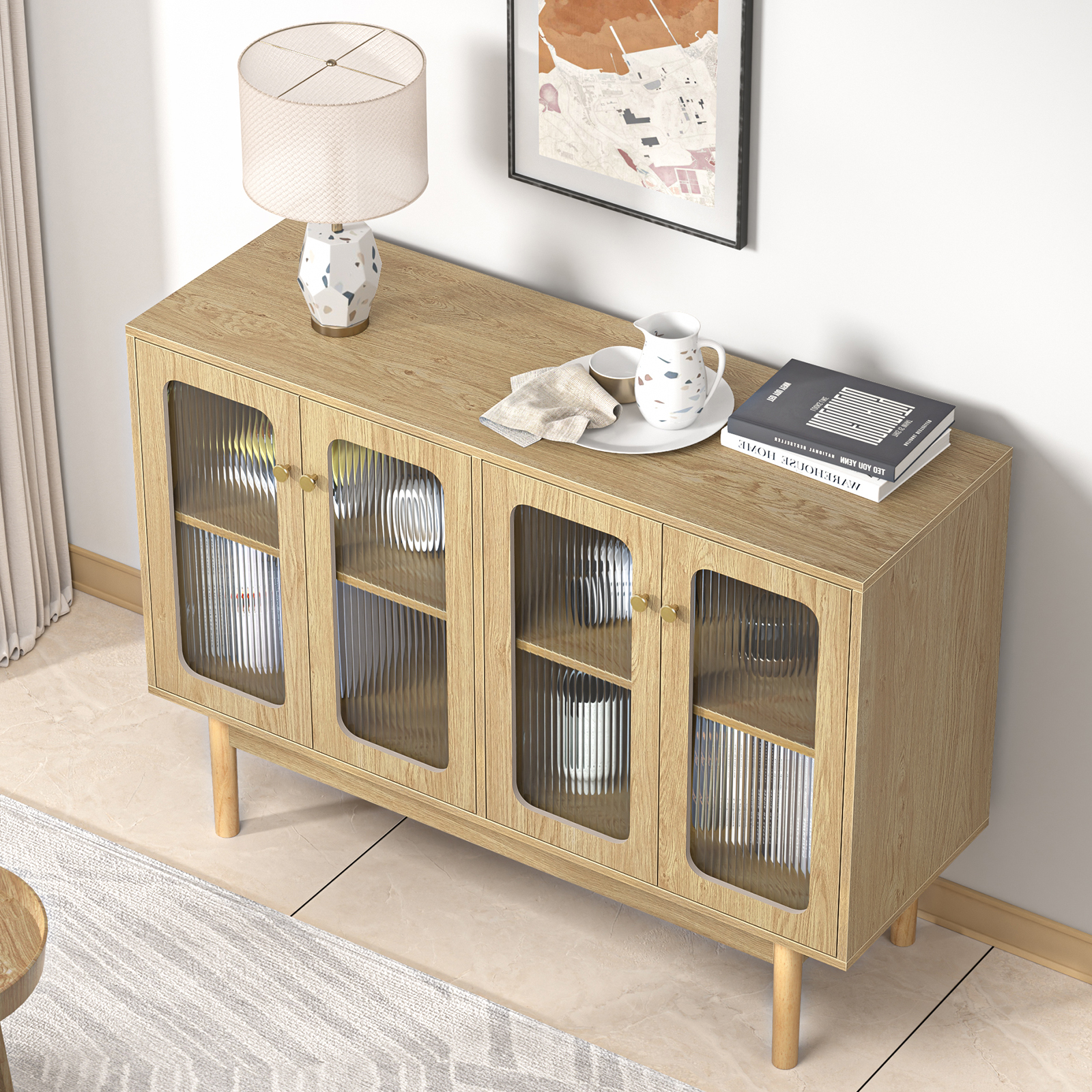 Anmytek 4 Door Buffet Cabinet with Storage, Modern Wood Sideboard Cabinet with Glass Door and Adjustable Shelves, Large Credenza Buffet Table Kitchen Bar Cabinet Natural