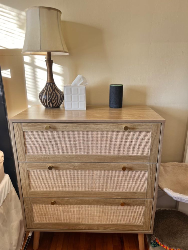 Modern Rattan Wood Chest of 3 Drawer Dresser with Spacious Storage for Bedroom Living Room, Rustic Oak