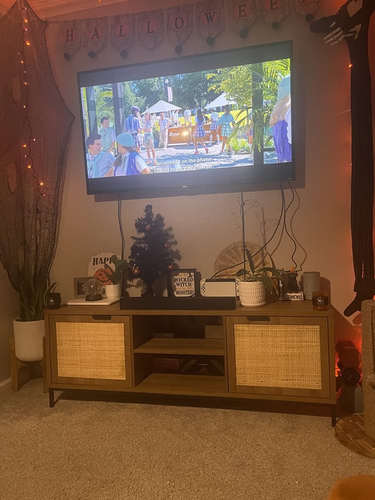 Anmytek Farmhouse Rattan TV Stand for 65 Inch TV, Modern Entertainment Center, Rustic TV Console Table