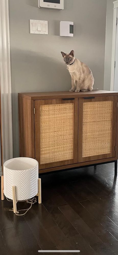 Anmytek Rustic Oak Accent Storage Cabinet with 2 Rattan Doors, Mid Century Natural Wood Sideboard Furniture for Living Room
