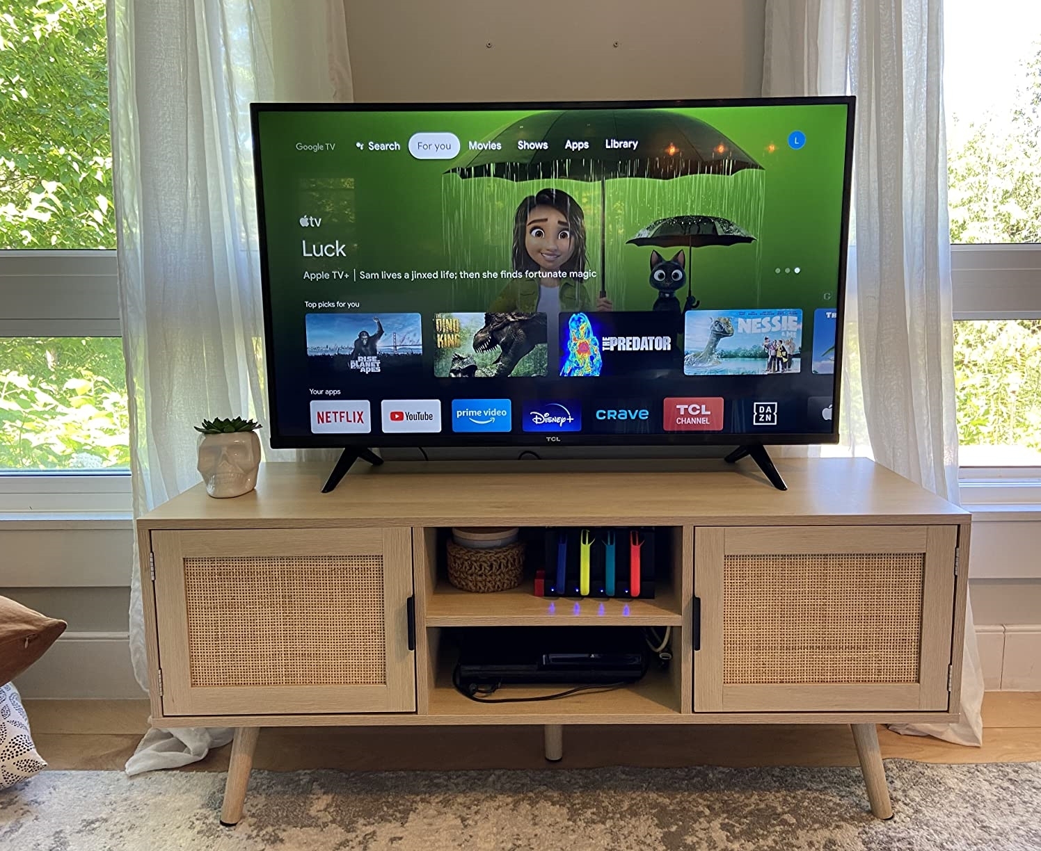 Anmytek Farmhouse Rattan TV Stand Modern Wood Media Entertainment Center Console Table for TVs up to 55 Inches with 2 Doors and 2 Open Shelves, Natural Oak